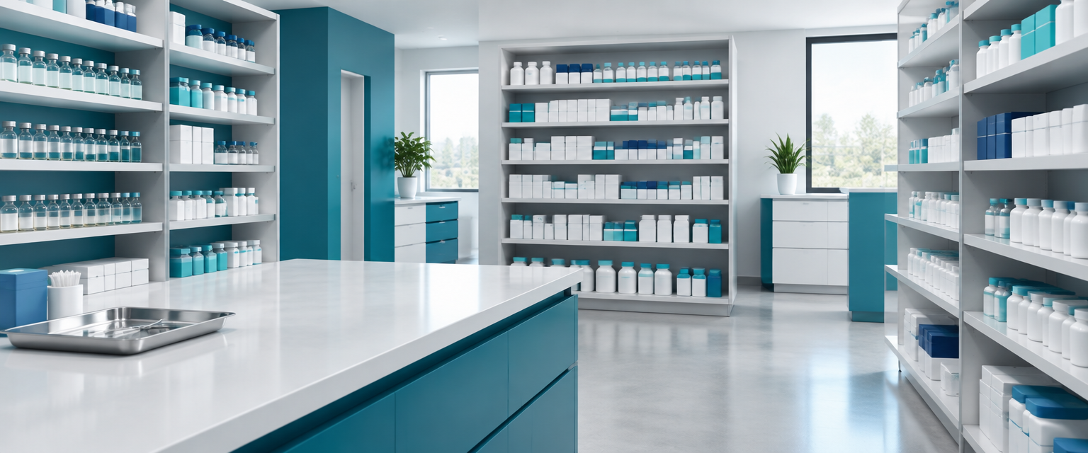 Prateleiras organizadas de medicamentos em ambiente clean de saúde pública, com acentos em azul-marinho e teal, sem pessoas